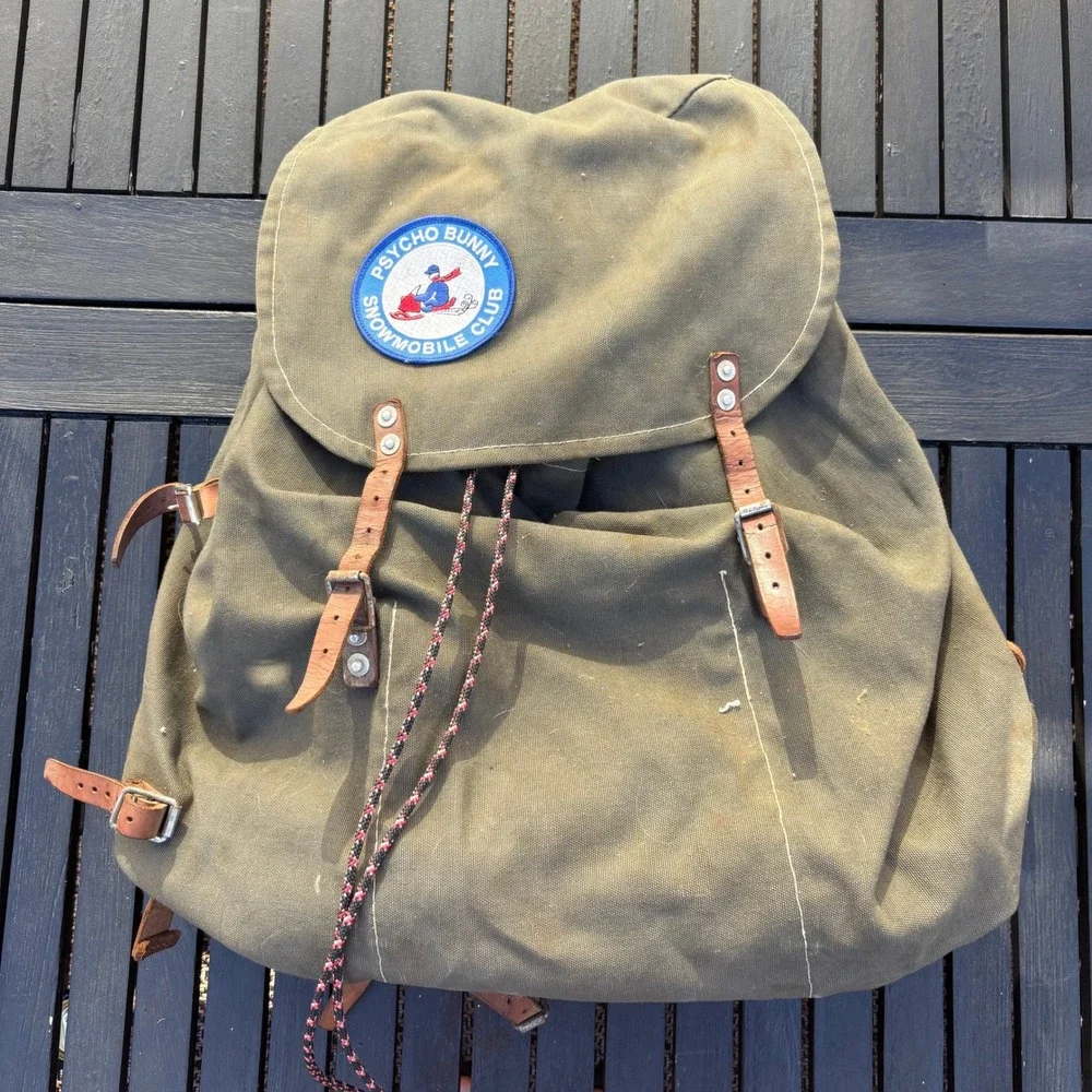 Psycho Bunny Rucksack Backpack Unisex Large Olive Green Good Vintage Canvas Bag